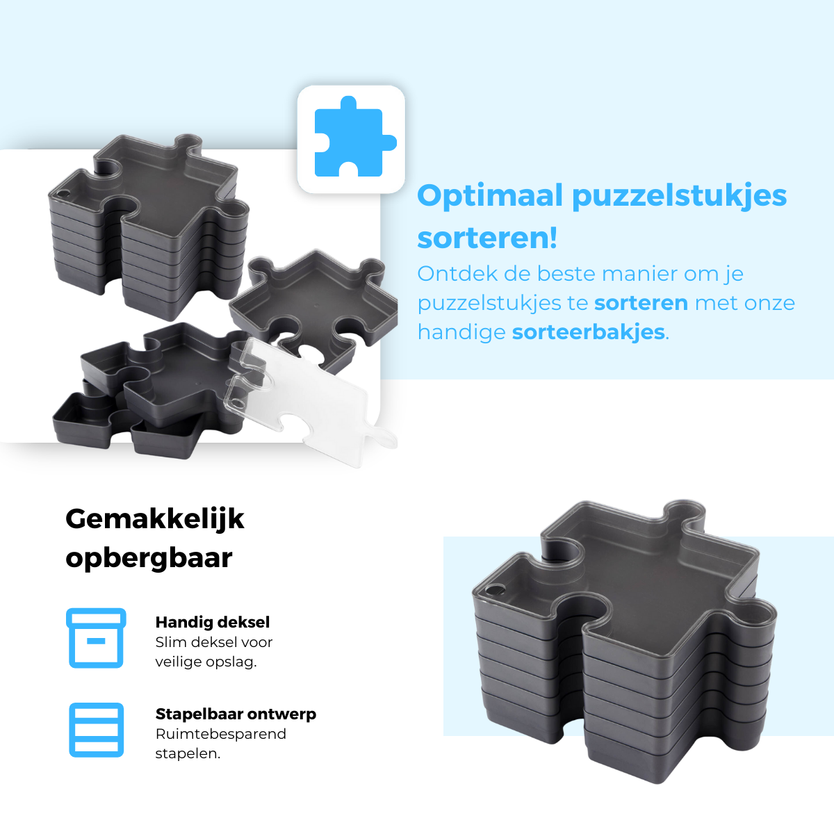 Puzzel Sorteerbakjes – Met Deksel - 6-delig – Grijs