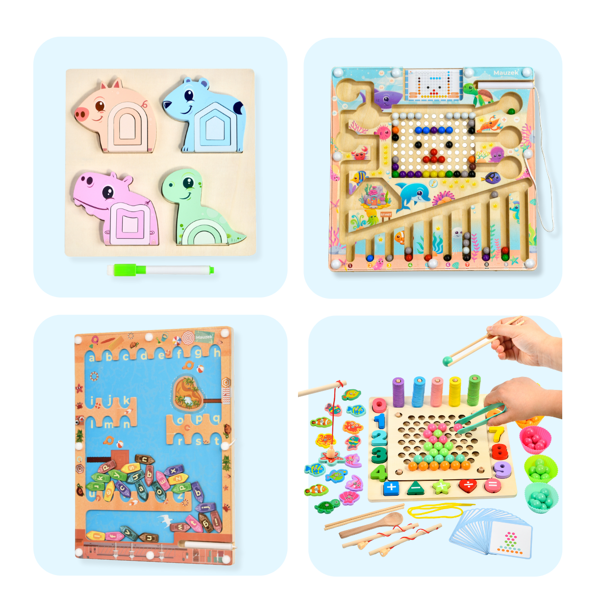 Mauzek Houten Montessori Mega Set – Speelwereld Bundel 4-in-1