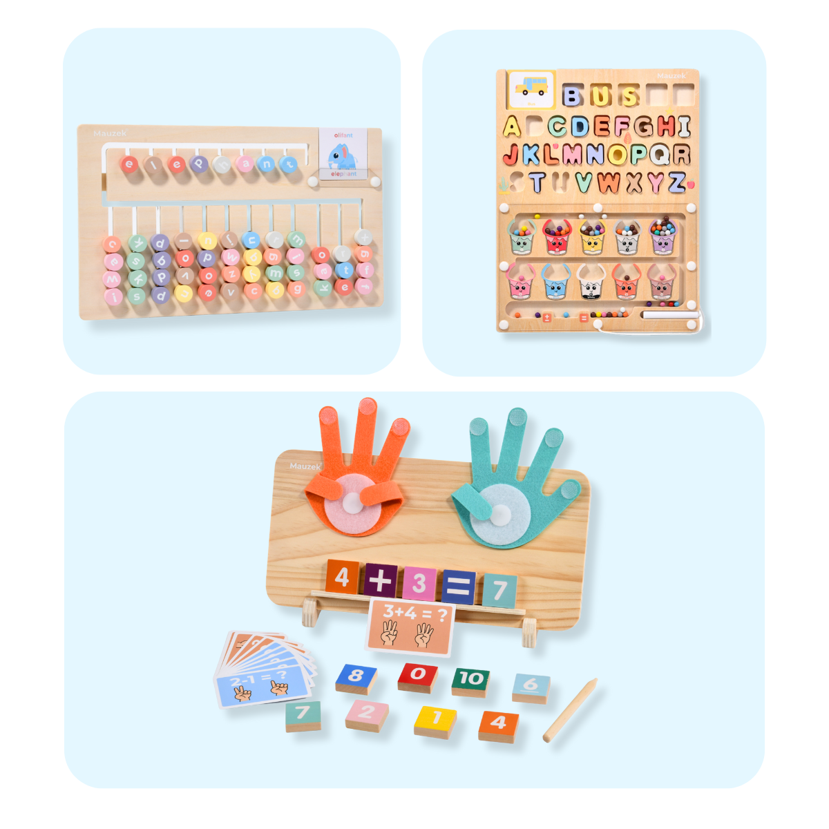 Mauzek Montessori Houten Educatie Set – Leerbundel 3-in-1