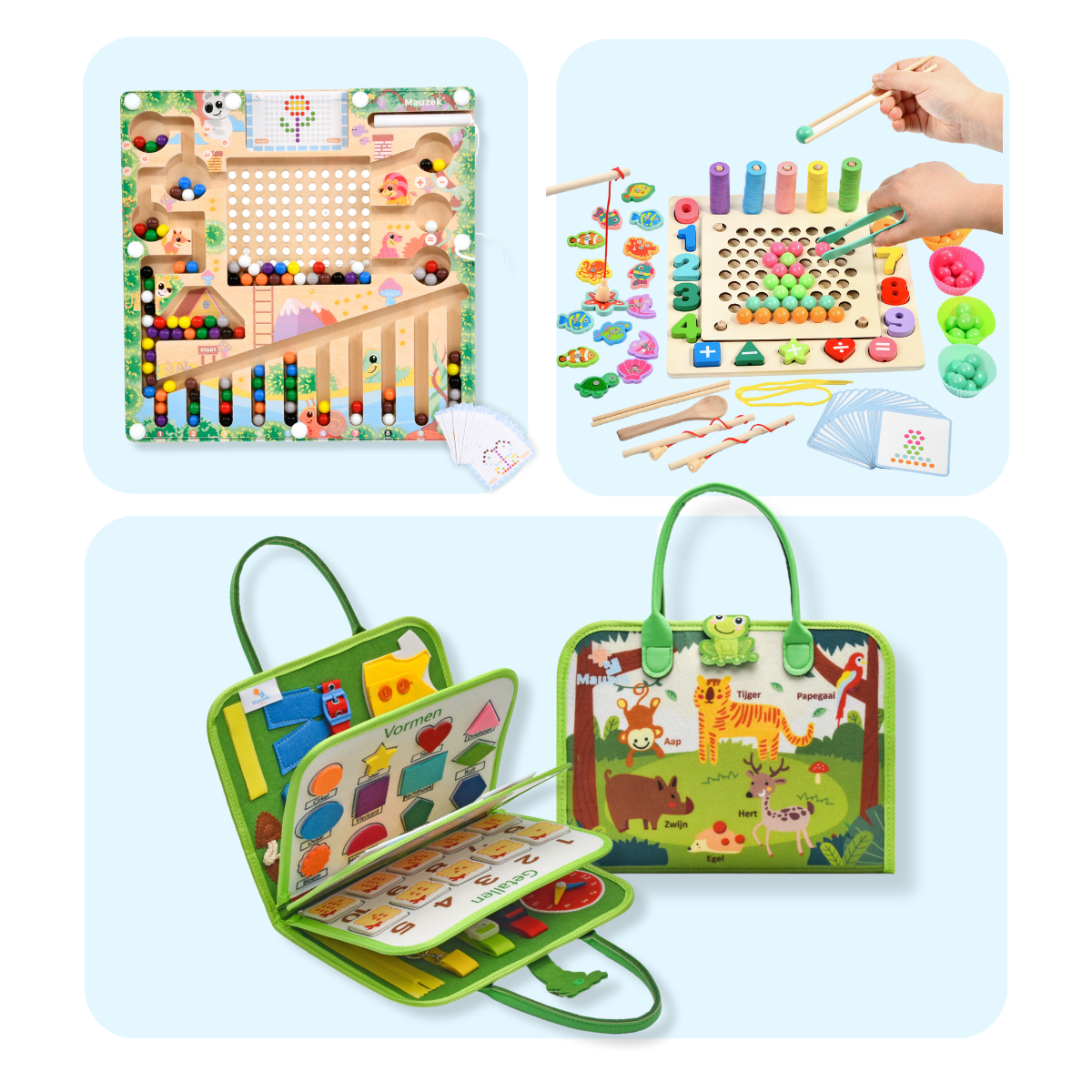 Mauzek Bos Montessori Bundel – Leren & Spelen zonder Scherm (3-in-1 Set)